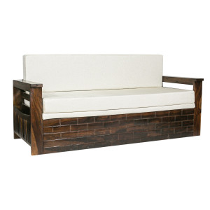 Solid Plywood Wood 3 Seater Sofa Cum Bed in Light Walnut Finish